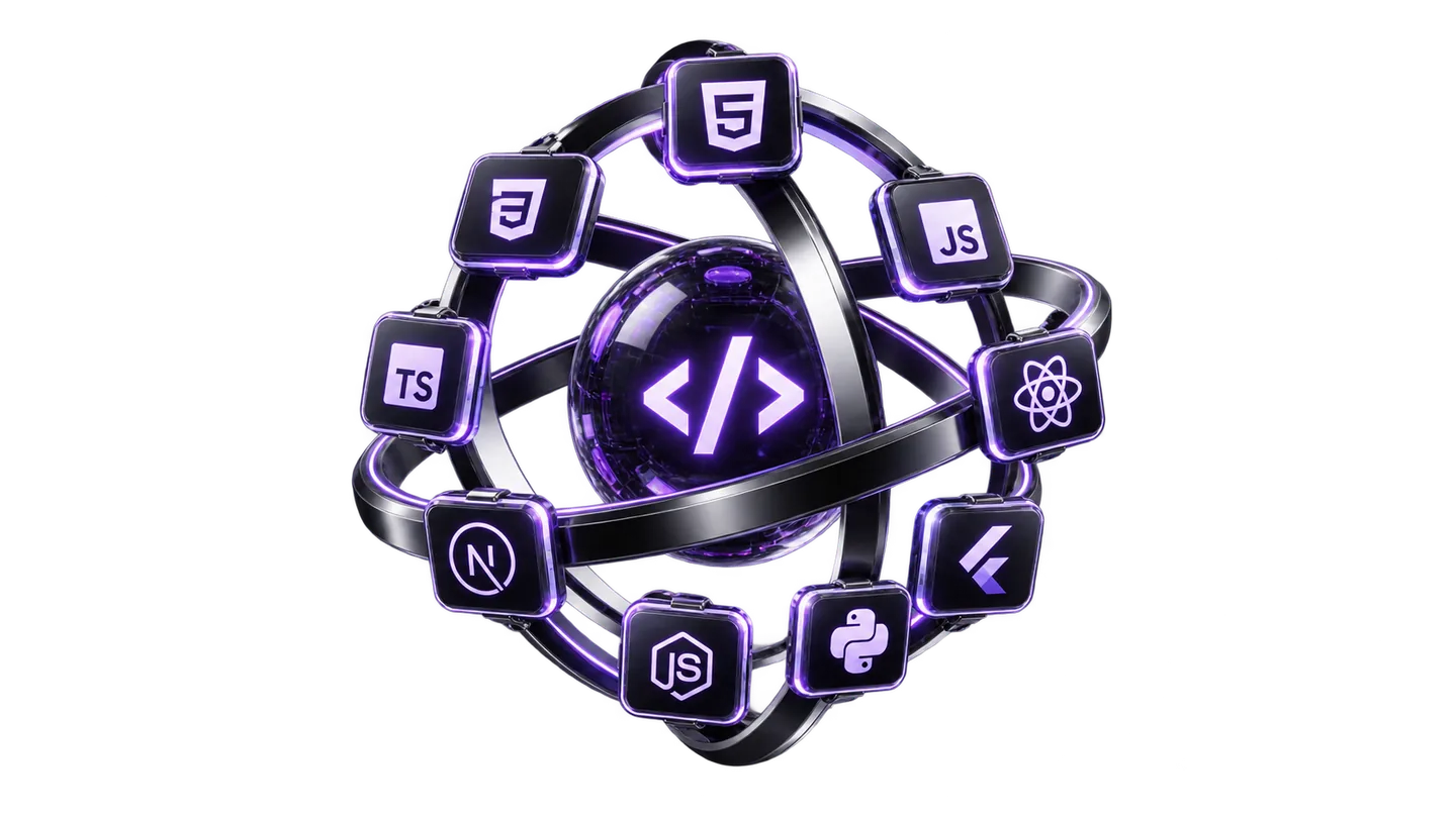 A rotating halo of illuminated panels carrying programming technology marks around a core code glyph.